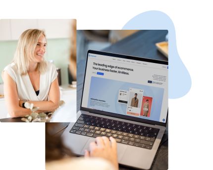 Two images: The first is of a young woman smiling at a table. The second is of a laptop screen with someone's hand navigating the Shopware website. 