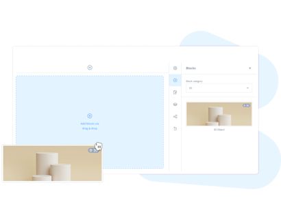 3D-Viewer Eine Benutzeroberfläche, die einen Drag-and-Drop-Editor anzeigt. Der Hauptbereich auf der linken Seite zeigt einen großen, leeren Bereich mit gestrichelten Rändern und der Beschriftung „Blöcke per Drag & Drop hinzufügen“. Auf der rechten Seite befindet sich eine Seitenleiste mit der Bezeichnung „Blöcke“, die ein Dropdown-Menü zur Auswahl einer Blockkategorie und ein Miniaturbild eines 3D-Objekts enthält. Darunter befindet sich ein Mauszeiger, mit dem die Miniaturansicht in den Hauptbereich gezogen werden kann.
