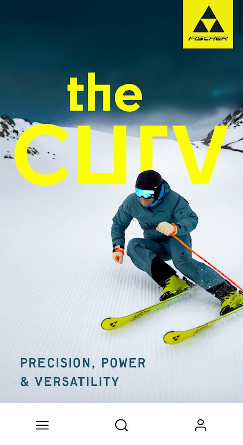 Skiier on a snowy mountain, "the curv" "precision, power & versatility"