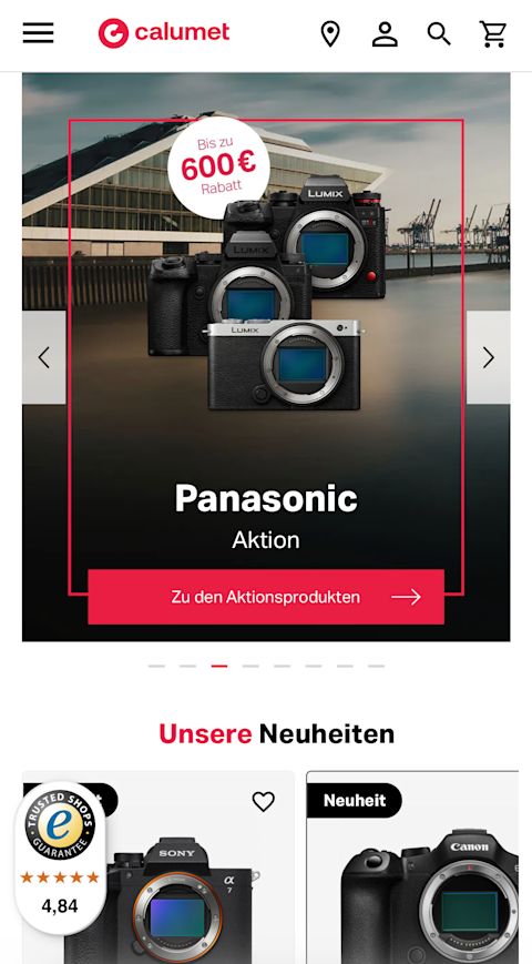 Screenshot der mobilen Calumet-Website mit einem Aktionsbanner für Panasonic-Kameras (Lumix) mit dem Hinweis „Bis zu 600 € Rabatt“, einem roten Button „Zu den Aktionsprodukten“ sowie dem Bereich „Unsere Neuheiten“ darunter.