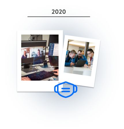 Two polaroids, one showing shopware employees on a Zoom call and the other employees gathered around a laptop and talking. Below is a facemask icon and above is the year 2020 displayed.