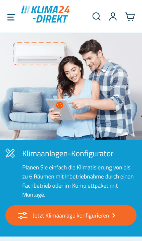 Mobile homepage of the Klima24-Direkt online store, showing a featured image of a couple looking at an iPad to configure their air conditioning system. Text: "Klimaanlagen-Konfigurator Planen Sie einfach die Klimatisierung von bis zu 6 Räumen mit Inbetriebnahme durch einen Fachbetrieb oder im Komplettpaket mit Montage."