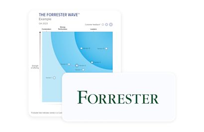 Two overlapping cards on a black background: a stylized blue Forrester Wave chart in the back and a white card featuring the green “Forrester” logo in front.