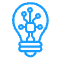 Blue line icon of a lightbulb with circuits inside it.