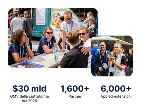 Una serie di foto di professionisti che fanno networking durante un evento. Sotto compare la scritta: "30 miliardi di dollari di GMV della piattaforma nel 2026, oltre 1.600 partner e oltre 6.000 app ed estensioni".