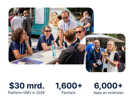 Een reeks foto's van professionals die netwerken tijdens een evenement. Daaronder staat de tekst: "$30 miljard platform-GMV in 2026, meer dan 1.600 partners en meer dan 6.000 apps en extensies".