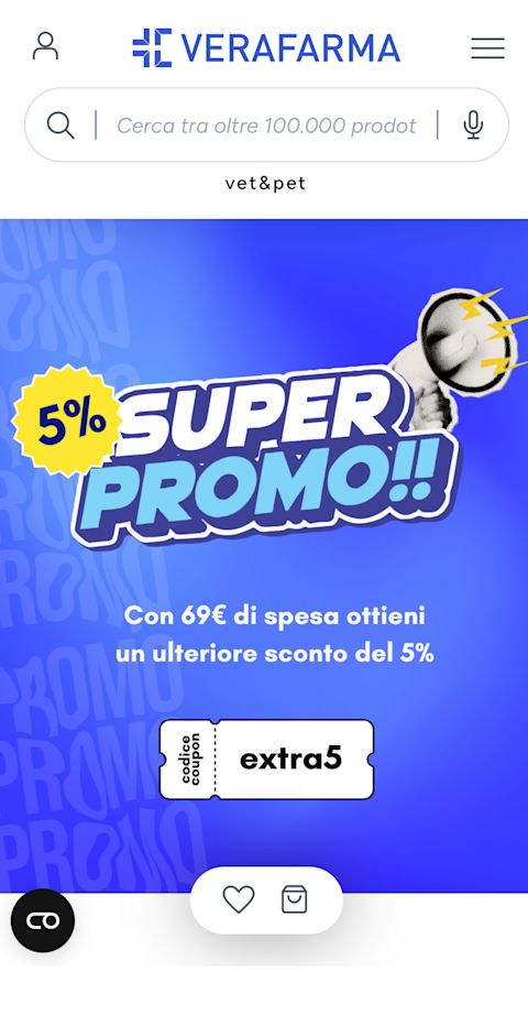 Mobile Verafarma page featuring a blue “Super Promo” banner with an extra 5% discount on orders over €69 and coupon code “extra5”.