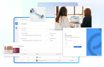 User interface of the Shopware Sales Agent Channel featuring a login screen, order details, product images, and a photo of two people collaborating on a laptop. The showcased products range from cosmetics to industrial supplies (screws).