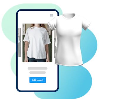 Spatial commerce t-shirt A smartphone display shows a white T-shirt worn by a person with an “Add to cart” button underneath. Next to it is a free-standing 3D model of the same white T-shirt.