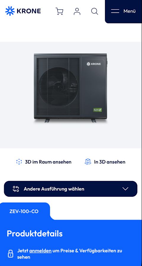 Air conditioner unit on KRONE's online store, showing an image of a black air conditioner unit and product details