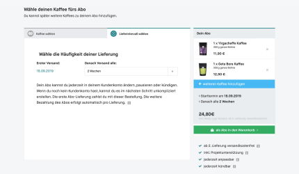 Subscription page for coffee, on which the delivery frequency can be selected. The page shows the first delivery date, the delivery interval, the option to add more coffees and the total price of the subscription.