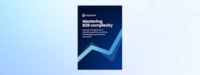 Cover of the Shopware report titled “Mastering B2B Complexity.” Subtitle: “Exclusive insights from industry experts on solving challenging eCommerce scenarios.” Dark blue design featuring a stylized upward-trending line graph.