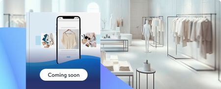 Vorschau eines Whitepapers mit einem minimalistischen Laden mit weißen Kleiderständern und Mannequins, daneben ein Smartphone mit einer Modeproduktseite und einem Button, auf dem „Coming soon“ steht