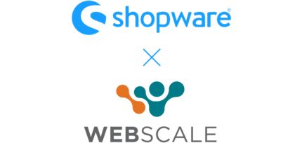 Shopware x Webscale Visual showing the partnership between Shopware and Webscale. The Shopware and Webscale logos are placed above and below a stylized “X”, representing their collaboration.