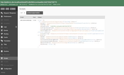 Beispiel mit Code Ausschnitten Screenshot einer Entwicklerkonsole mit einer Skriptansicht, die den Code für eine benutzerdefinierte Medienerweiterung zeigt. Links ist ein Navigationsmenü mit verschiedenen Debug-Optionen sichtbar, während der Hauptbereich detaillierten Code und seine Ausgabe darstellt.