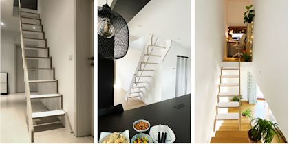 Modern interior views featuring three slim, space-saving staircases leading to loft levels, with wooden steps and minimalist white walls; one image shows a kitchen area below, another a workspace with warm lighting, and decorative plants throughout.
