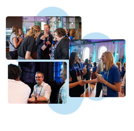 A collage of three photos showcasing a networking event. The top image features a group of women laughing and engaging in conversation. The bottom-left image shows a man in a white shirt smiling while talking to others. The right image captures two women shaking hands and smiling.
