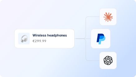 An image of wireless headphones in a checkout box flowing into the company logos of Claude, PayPal, and OpenAI