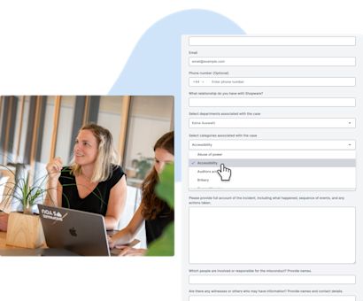 Accessibility Page: Image 1 Two women at a standing desk. One smiles as she looks into distance and the other looks her laptop screen. A second image shows a screenshot from the whistleblower form.