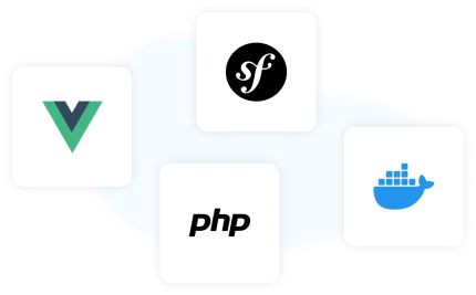 Vier Technologie-Logos: Vue.js (grünes und blaues V), Symfony (schwarzes S in einem Kreis), PHP (schwarzer Text „php“) und Docker (blaues Wal-Symbol mit Containerblöcken auf dem Rücken)