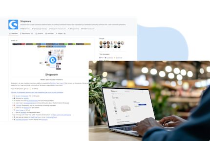 Ein Screenshot von Shopwares GitHub-Issues und ein zweiter Screenshot eines Mannes, der sich das Shopware-Storefront auf seinem Laptop ansieht.