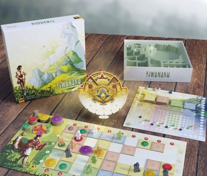 Board game with individual pieces presented on a wood table