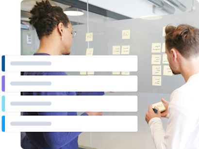 Roadmap-Insights Two people are placing sticky notes on a glass wall. Overlaid on the image are four horizontal rectangles with gradient colors, representing the roadmap stages.