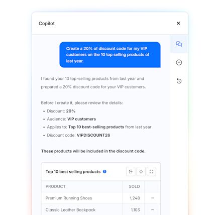 Copilot-interface die een kortingscode voor VIP-klanten voorbereidt en een tabel met de top 10 bestverkochte producten ter controle toont.