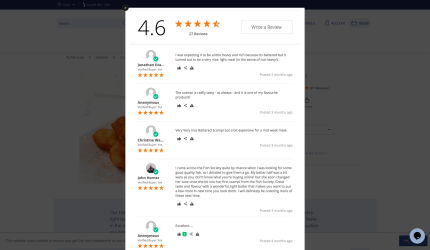 Review site with an average rating of 4.6 stars from 27 reviews, shows various customer ratings for a product, including comments on quality and taste, as well as the option to write a review yourself.