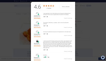 The Fish Society Bewertungsseite mit einer durchschnittlichen Bewertung von 4,6 Sternen aus 27 Rezensionen, zeigt verschiedene Kundenbewertungen für ein Produkt, darunter Kommentare zur Qualität und zum Geschmack, sowie die Möglichkeit, selbst eine Bewertung zu schreiben.