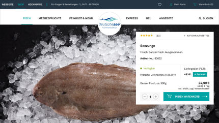 Deutsche See product page for fresh sole presented on ice. The page shows availability, item number, price per kilogram, delivery area and the option to add the fish to the shopping cart.