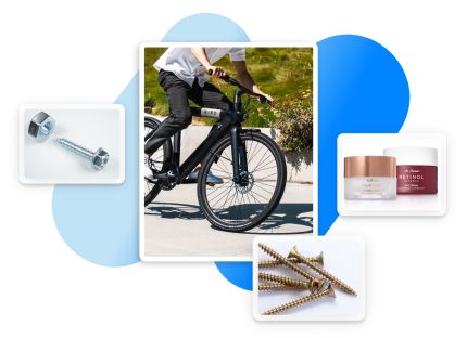 A person riding a black bicycle is centered in the image, surrounded by smaller images of screws, bolts, and skincare products. 