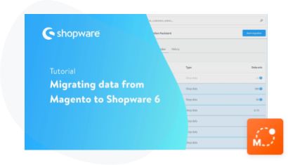 Banner titled 'Tutorial: Migrating data from Magento to Shopware 6' by Shopware, featuring a migration interface screenshot and the Magento logo in the corner.