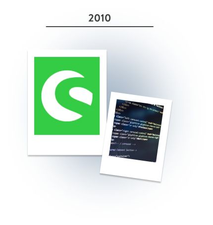 Two polaroids, one displaying the shopware Open Source logo and the other one showing some code. Above is the year 2010.