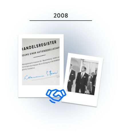 Two Polaroids show the founding of shopware AG. Below is a handshake icon and above the Polaroids is the year 2008.