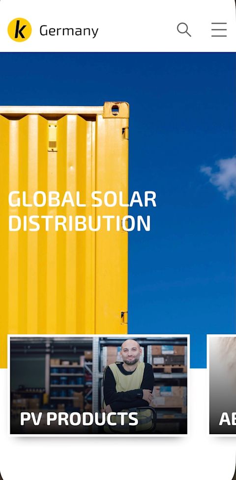 Mobile website view showing a yellow shipping container against a blue sky with the headline “Global Solar Distribution,” navigation labeled “Germany,” and a featured section titled “PV Products” with a warehouse worker pictured below.