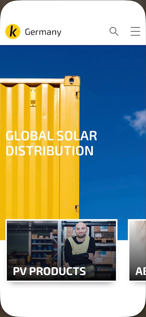 Mobile website view showing a yellow shipping container against a blue sky with the headline “Global Solar Distribution,” navigation labeled “Germany,” and a featured section titled “PV Products” with a warehouse worker pictured below.