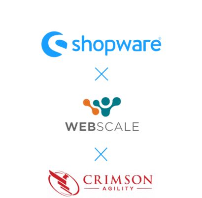 shopware x webscale x crimson agility Logos of Shopware, Webscale, and Crimson Agility arranged vertically with ‘x’ symbols between them, indicating a partnership or collaboration.