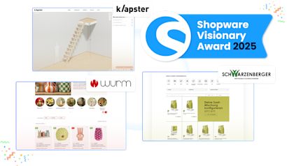 Collage of three online shop screenshots from k/apster, Wurm, and Schwarzenberger, with a badge reading "Shopware Visionary Award 2025".