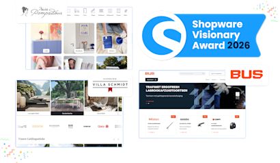 Collage of three online shop screenshots from Miss Pompadour, Villa Schmidt, and BUS, with a badge reading "Shopware Visionary Award 2026".