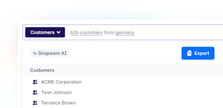 Interface showing a customer filter tool with the query “b2b customers from germany” entered. Below, results from Shopware AI display customers like ACME Corporation, Teun Johnson, and Terrance Brown. A blue “Export” button is visible on the right.