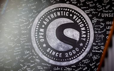 Close-up of the Shopware chalkboard with the names around the Shopware Logo.