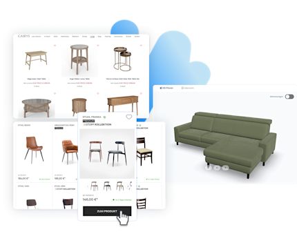 A collage of online furniture shopping interfaces displaying various wooden chairs and tables, with a hand cursor clicking 'Zum Produkt' (To the product). A 3D model of a green sectional sofa is shown on the right, illustrating an interactive furniture customization or visualization feature.