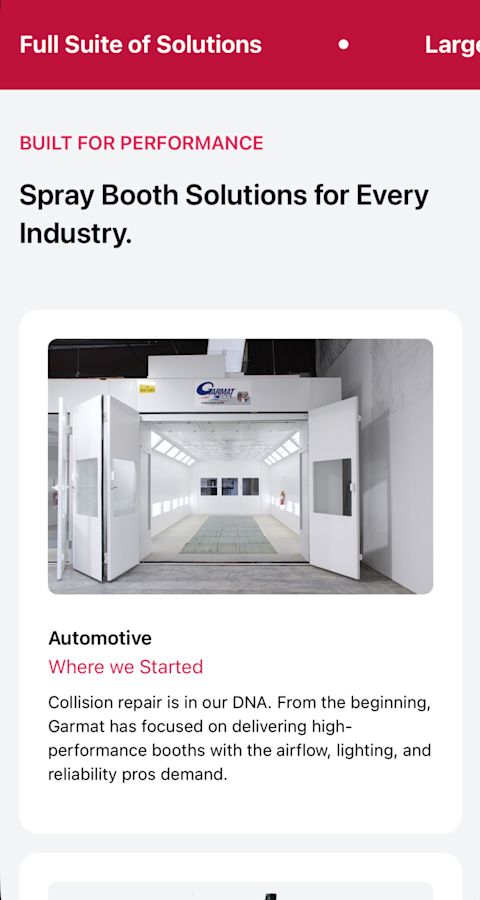"Spray booth solutions for every industry" with an image of a white Garmat spray booth with doors open.