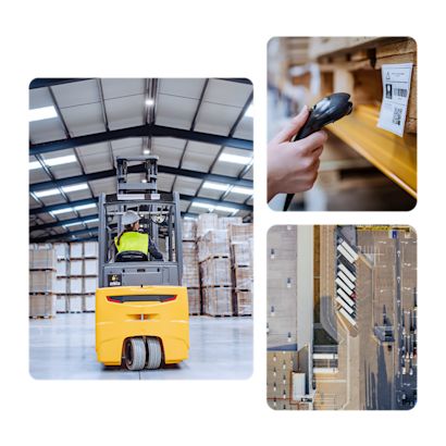 Visual b2b-wholesale Forklift drives through a large warehouse with tall racks full of pallets. Top right: Hand scans a barcode on a pallet. Bottom right: Aerial view of a logistics center with truck loading docks.