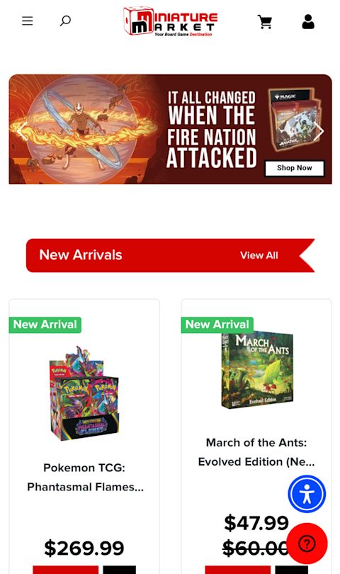 Miniature Market's online store on mobile, showing 2 featured board games in the "new arrivals" category, and a featured image of the "Avatar" board game.