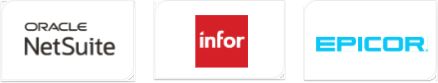 Three-logo graphic showing the Infor logo in a red square, the Oracle NetSuite logo in black text, and the SAP logo with white lettering on a blue geometric background.