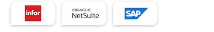 Three-logo graphic showing the Infor logo in a red square, the Oracle NetSuite logo in black text, and the SAP logo with white lettering on a blue geometric background.