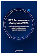 Mock-up van de cover van het whitepaper “B2B Ecommerce Compass 2026” met een donkerblauwe achtergrond, een cirkelvormig kompasontwerp en de ondertitel “Van digitale volwassenheid naar intelligente en agentic commerce”.