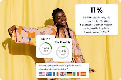 Lächelnde Frau in bunter Kleidung vor gelbem Hintergrund. In einer Box steht: „11 % Bei Händler:innen, die dynamische 'Später bezahlen'-Banner nutzen, stiegen die PayPal-Umsätze um 11 %.³“
Darunter eine weitere Box mit dem Text: „Weitere 'Später bezahlen'-Optionen sind in folgenden Ländern verfügbar:⁴“ und den Flaggen der USA, Australien, Frankreich, Vereinigtes Königreich, Deutschland, Italien und Spanien.